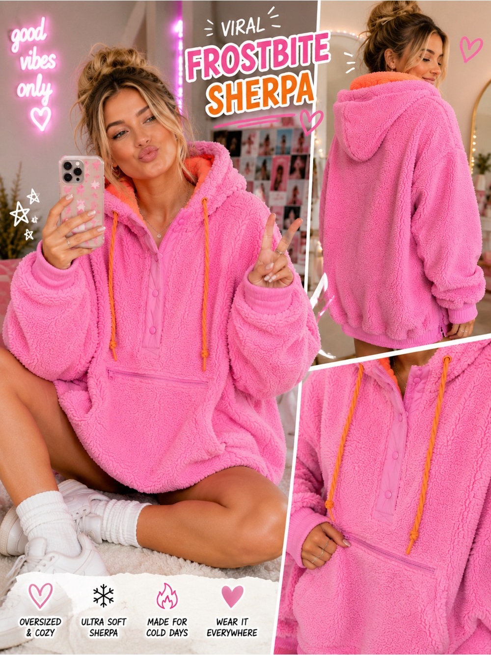 Altar’d State viral Frostbite Sherpa Hoodie XL Pink Pullover Fleece Oversized
